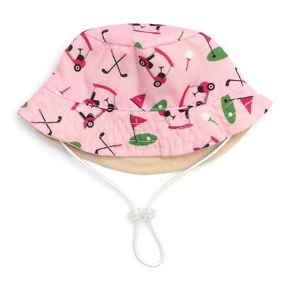 Pink bucket hat with golf-themed design on a white background