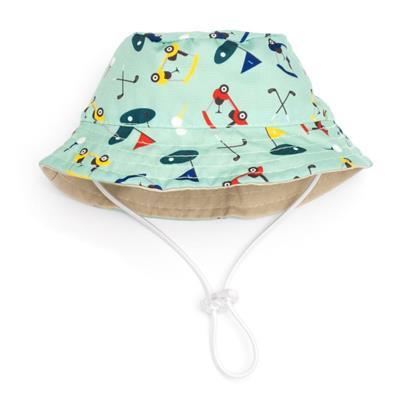 Pet sun hat with a playful golf themed pattern on a white background