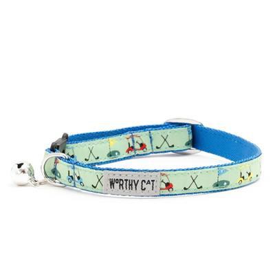 Cat collar with golf-themed design and 'Worthy Cat' label on a white background