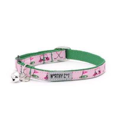 Cat collar with pink and green golf pattern on a white background