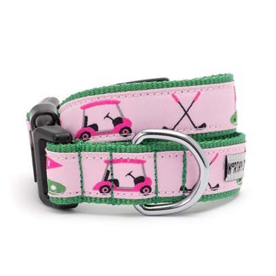 A pink adjustable dog collar with a pink golf-themed pattern, featuring woven ribbon and a snap clasp.