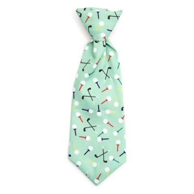 Dog or cat tie with golf-themed pattern on a light green background