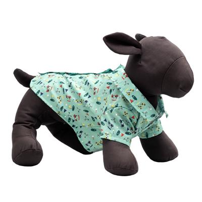 Dog mannequin wearing green dog shirt with golf accents on white background.