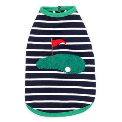 Navy and white striped dog shirt with golf design on a white background