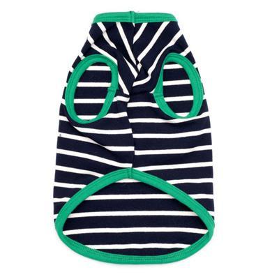 Navy and white striped pet shirt with green trim on a white background