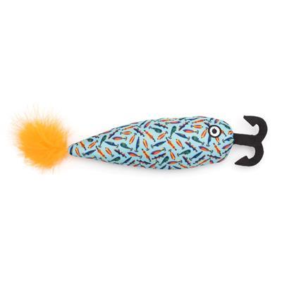 Cat toy shaped like a fishing lure with colorful pattern and orange tuft on a white background
