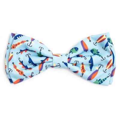 Colorful bow tie with fishing-themed design on a light blue background