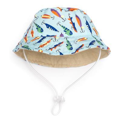 Colorful bucket hat with fishing lure pattern on a white background