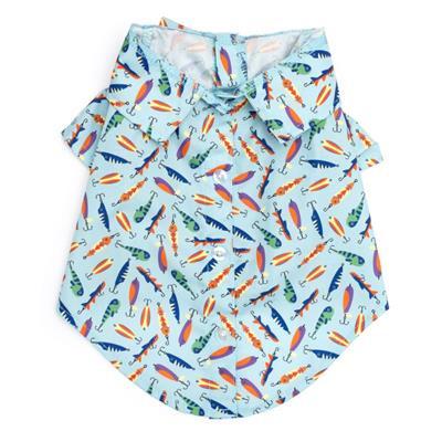 Dog shirt with colorful fish pattern on a light blue background