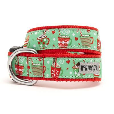 Dog collar with festive pattern and 'Worthy Dog' label on a white background