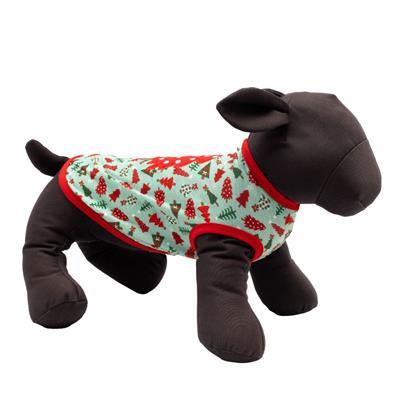 Dog toy with a green holiday pattern shirt on a white background
