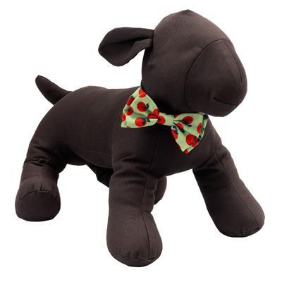 Dog mannequin green bow tie with tomato pattern on white background