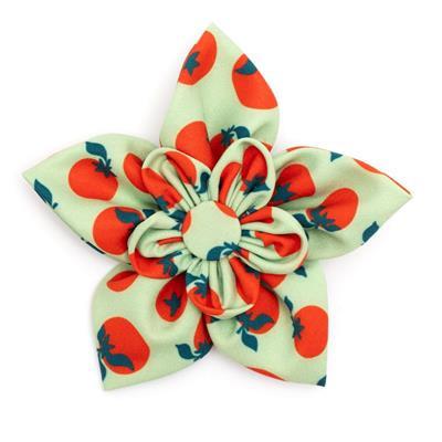 Green bow with red tomato pattern on white background.