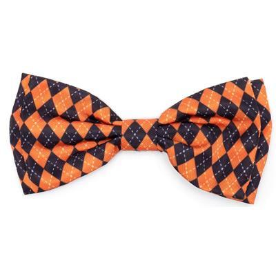 Orange and black checkered bow tie on a white background