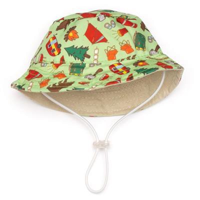Pet sun hat with colorful camping pattern on a white background
