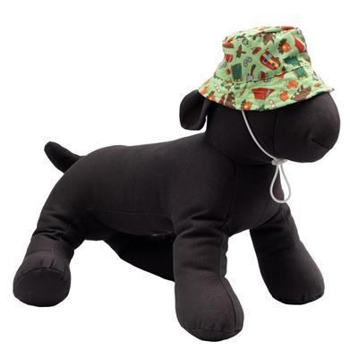 Black plush dog toy wearing a colorful bucket hat on a white background