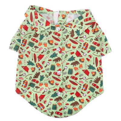Dog shirt with colorful camping pattern on a light green background