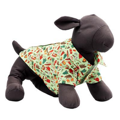 Plush dog toy wearing a patterned dog shirt on a white background
