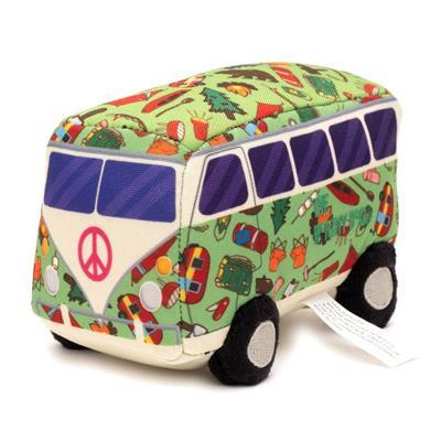 Toy van with colorful pattern and peace symbol on a white background