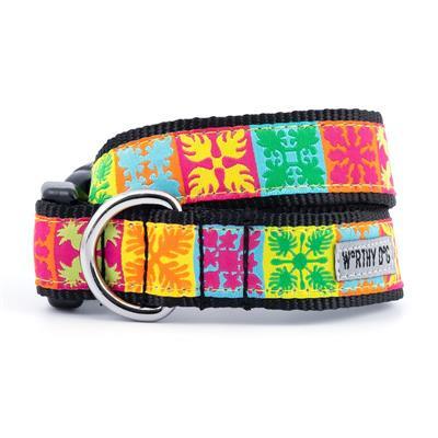 Black webbing dog collar with multicolor hawaiian themed patterns on white background