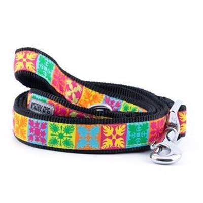 Black webbing dog leash with multicolor hawaiian themed patterns on white background