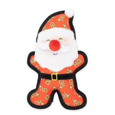 Santa shaped dog toy with black trim, black buckled belt, white fur beard, red nose and white pom pom on hat with "Ho Ho Ho" print on white background.