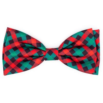 Red and green plaid bow tie on a white background