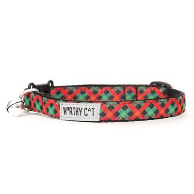 Red & green plaid cat collar with breakaway clasp, bell & label with "Worthy Cat" writing on white background