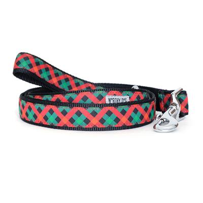 Dog leash with red, green, and black plaid pattern on a white background