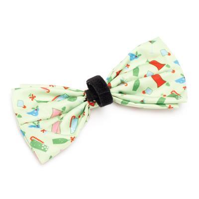 Colorful bow tie with cartoon character pattern on a white background