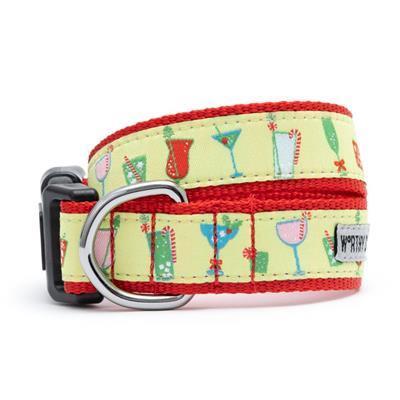 Yellow dog collar with festive cocktail patterns on ribbon with black quick-release plastic buckle and nickel plated D-ring on white background