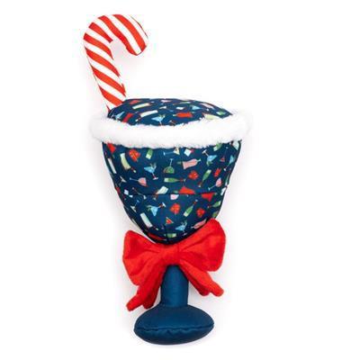 Blue dog toy shaped like cocktail glasses with cocktail patterns, candy cane and red bow on white background