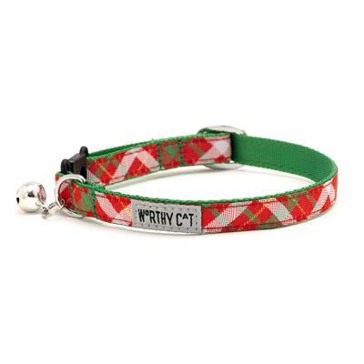 Red & green breakaway cat collar with black plastic buckle and bell on white background