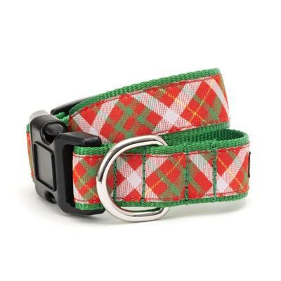 Red & green plaid dog collar with black plastic quick release buckle and nickel plated D-ring on white background
