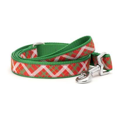 Red & green plaid dog leash with nickel plated hardware on white background