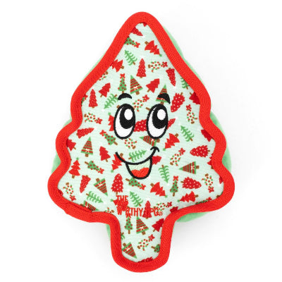 Christmas tree-shaped toy with a face on a white background