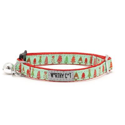 Cat collar with Christmas tree pattern and bell on a white background