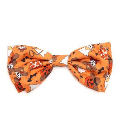 Orange bow tie with Halloween-themed pattern on a white background