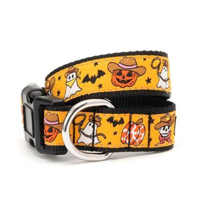 Halloween-themed dog collar with pumpkins, ghosts, and bats on a yellow background.