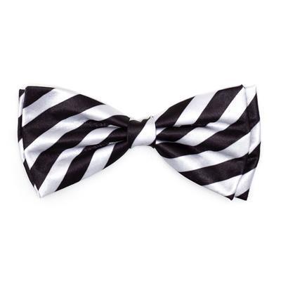 Black and white striped bow tie on a white background