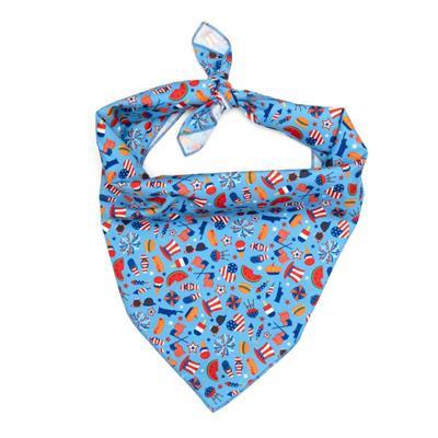 Blue bandana with colorful patterns on a white background