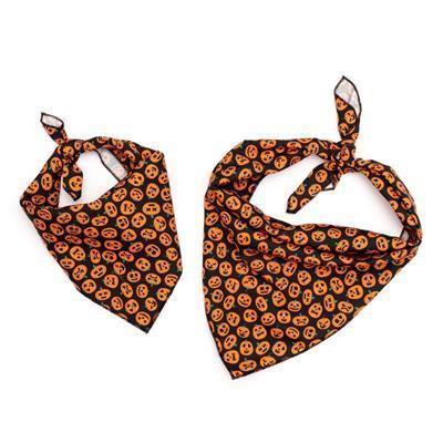 Two Halloween-themed bandanas with jack-o'-lantern pattern on a white background