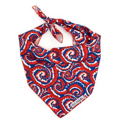 Red, white, and blue patterned bandana on a white background