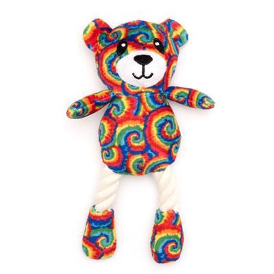 Colorful tie-dye teddy bear plush toy on a white background