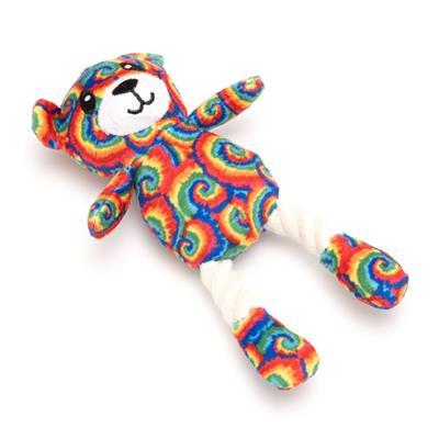 Colorful tie-dye teddy bear plush toy on a white background