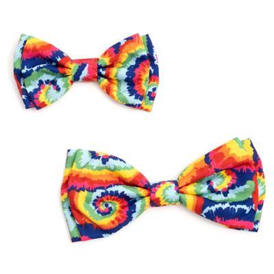 Two tie-dye bow ties on a white background