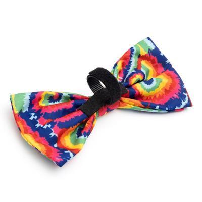Colorful tie-dye bow tie with a black band on a white background
