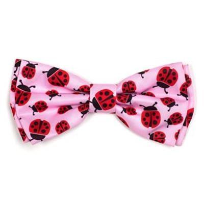 Pink bow tie with red ladybug pattern on a white background