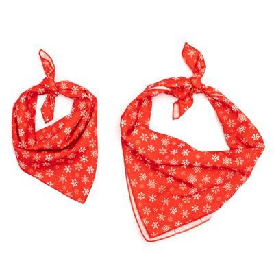 Two red bandanas with white snowflake patterns on a white background