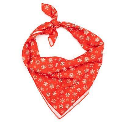 Red bandana with white snowflake pattern on a white background